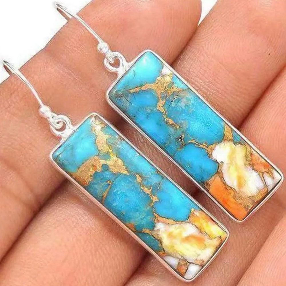 NEW Boho Turquoise Print Square Dangle Earrings